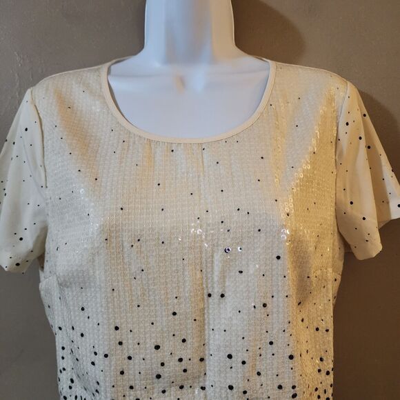Merona Womens Pullover Blouse Size M Ivory Black Sequined Keyhole Lined Top - Picture 3 of 9